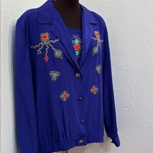 Vintage 1980’s Regal vibrant purplish blue embroidered jacket and top. Size XL.